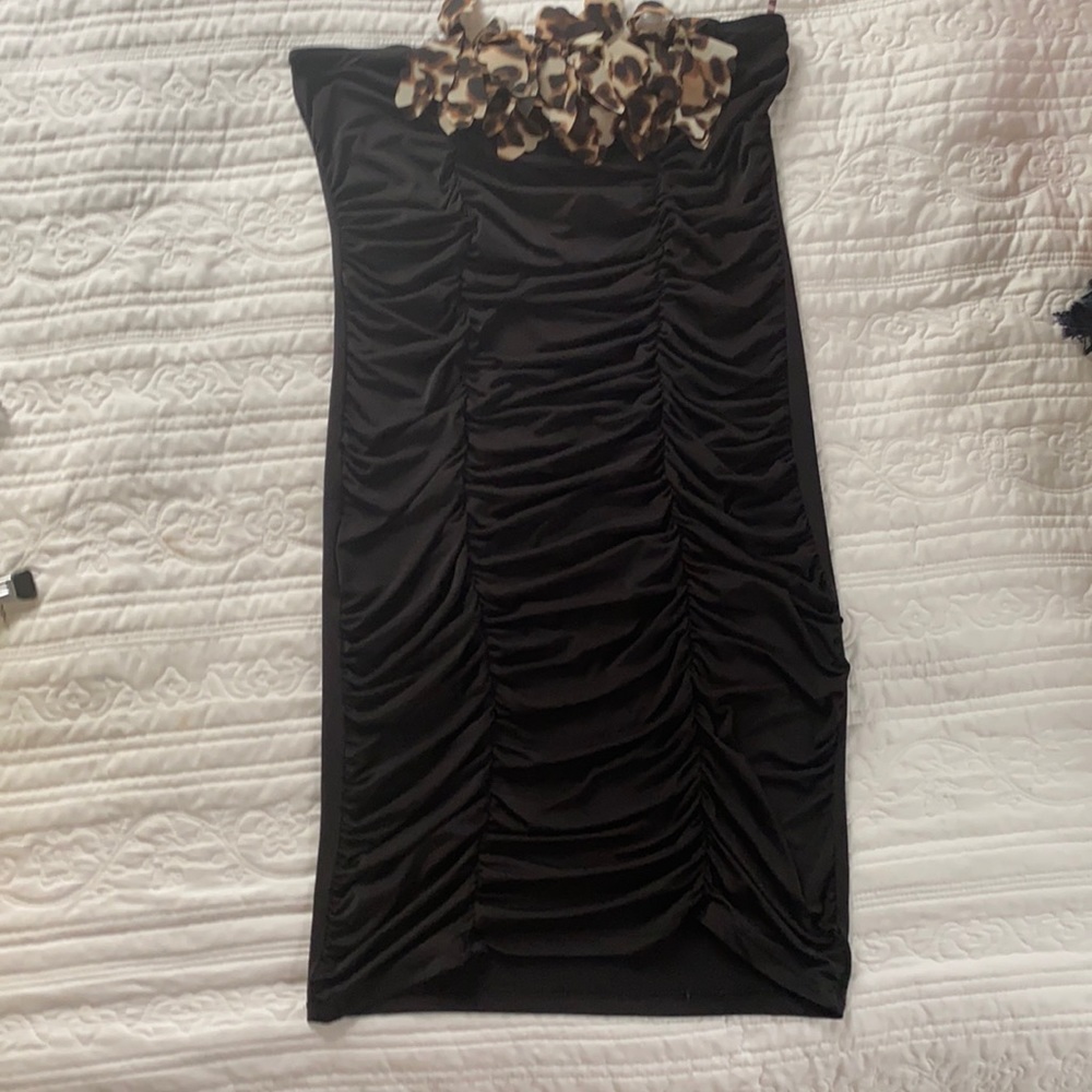 Strapless spandex dress- black with leopard detail